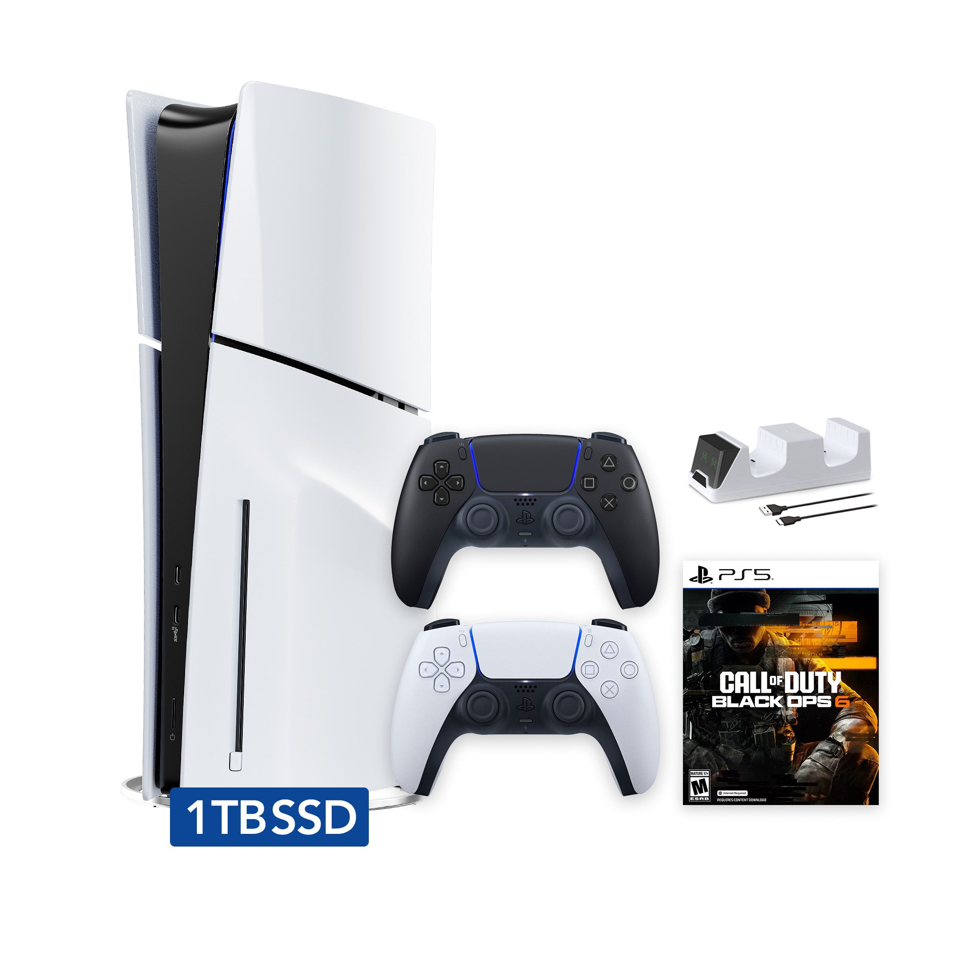 PlayStation 5 Slim Digital 1TB SSD Call of Duty Black Ops 6 Console with Two Controllers, White and Midnight Black DualSense and Dual Controller Charger - PS5 Slim Digital Console PlayStation 5 Slim Digital 1TB SSD Call of Duty Black Ops 6 Console with Two Controllers, White and Midnight Black DualSense and Dual Controller Charger - PS5 Slim Digital Console
